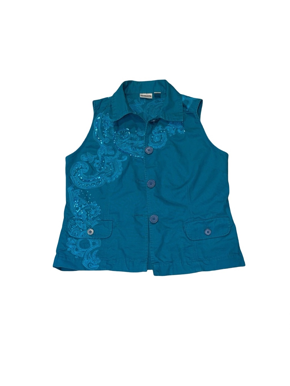 Vintage Chico's Teal Embroidered Button-Front Sleeveless Vest
